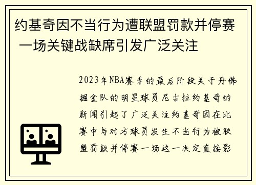 约基奇因不当行为遭联盟罚款并停赛 一场关键战缺席引发广泛关注